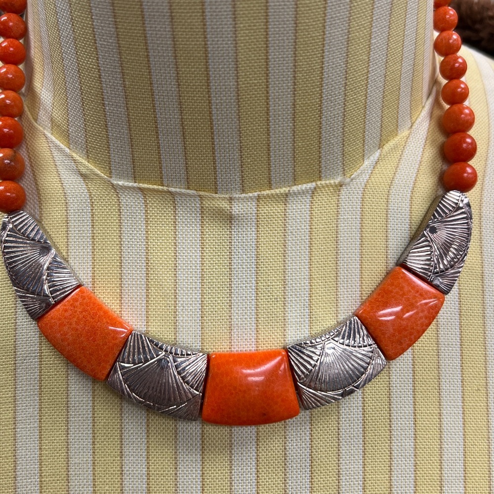 Jay King Orange Coral Etched Sterling Silver Necklace
